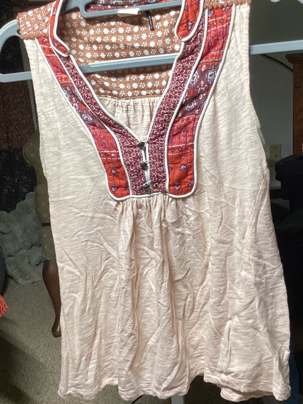 Anthropologie Cream Tank with Red Paisley Trim